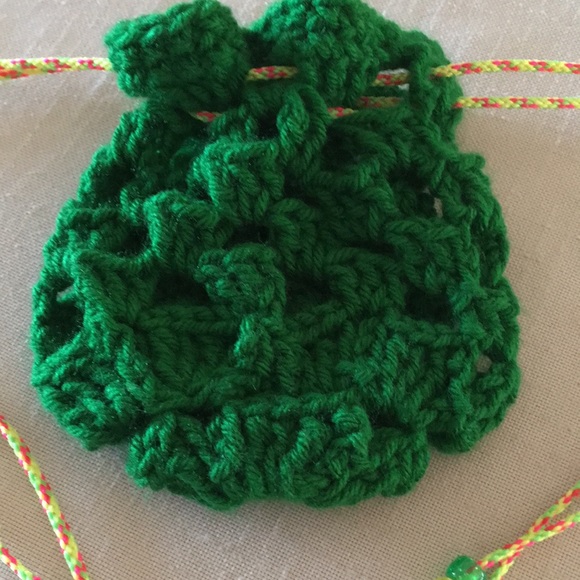 Hand Crafted Shamrock Bag Green Crochet with Yellow Drawstrings - Picture 6 of 9